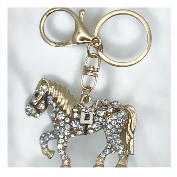 Pony Gold Plated, Black & White Enamel Crystal Keychain, Clasp, Charm - Picture 2 of 4
